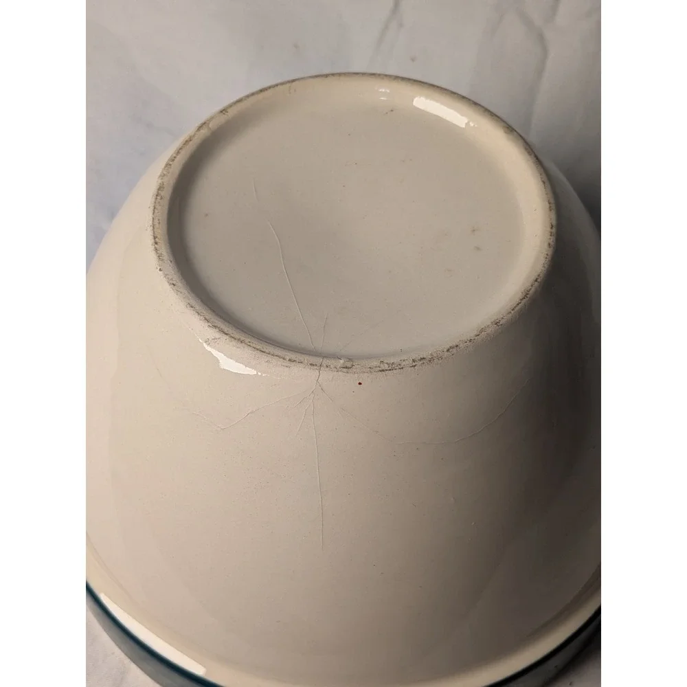 Vintage Stoneware Mixing Bowl Cream with Teal Green Band Farmhouse Crock Crazed